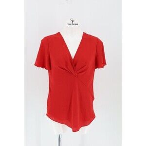 White House Black Market Women Size 4 Red Faux Wrap Short Sleeve Blouse